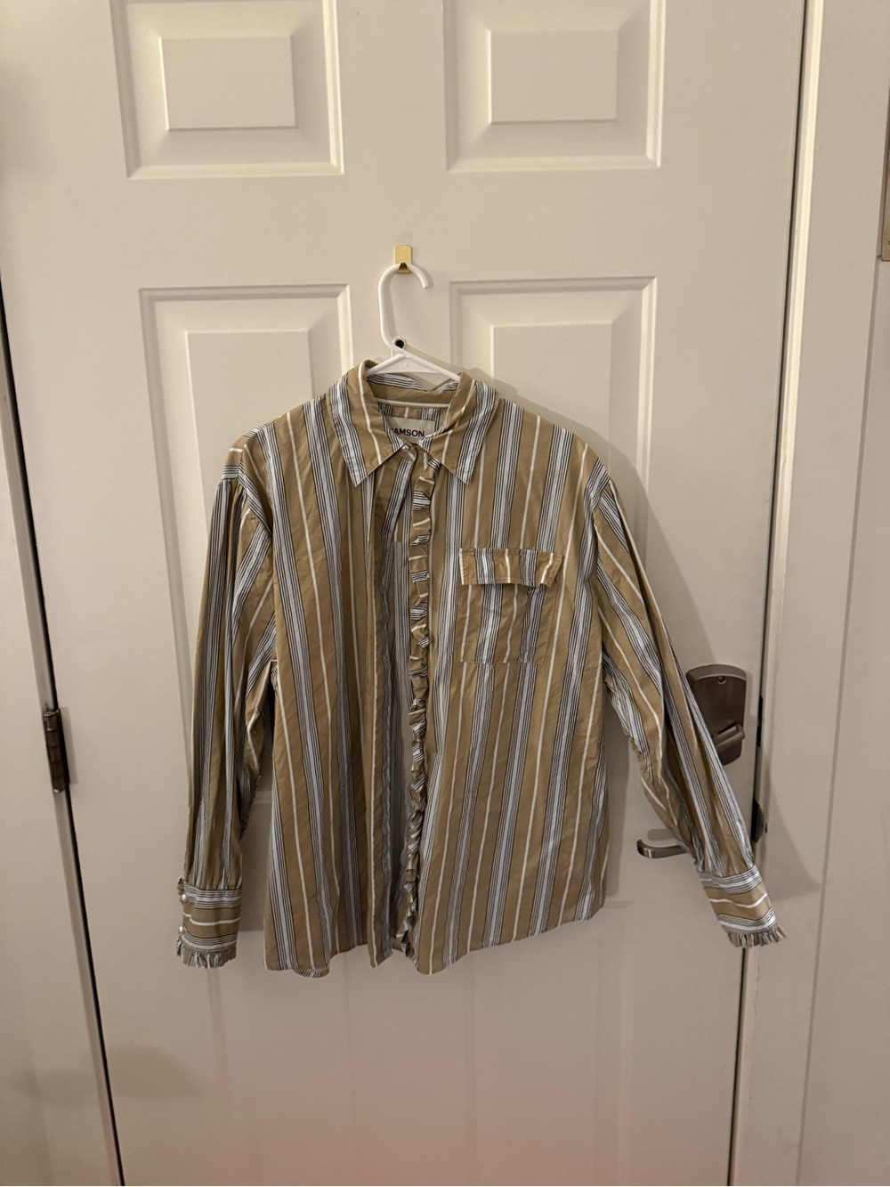 Womens Striped Ruffle-Front Blouse in Tan and White